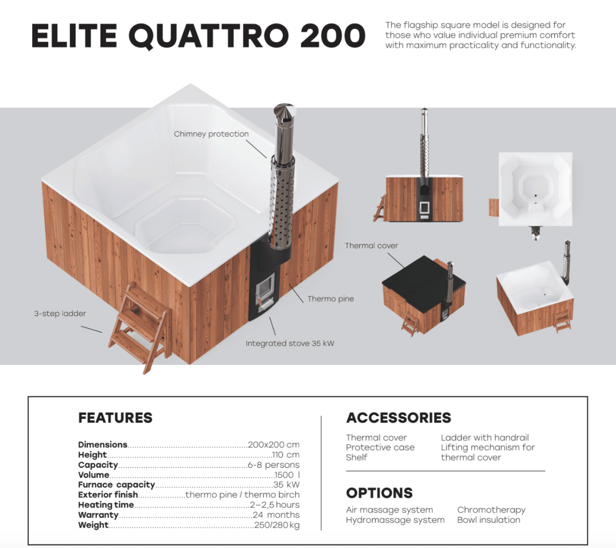 Polar Spa Elite Quattro 200 Wood Fired Hot Tub & Cold Plunge (6 - 8 People) in Thermo Pine Light