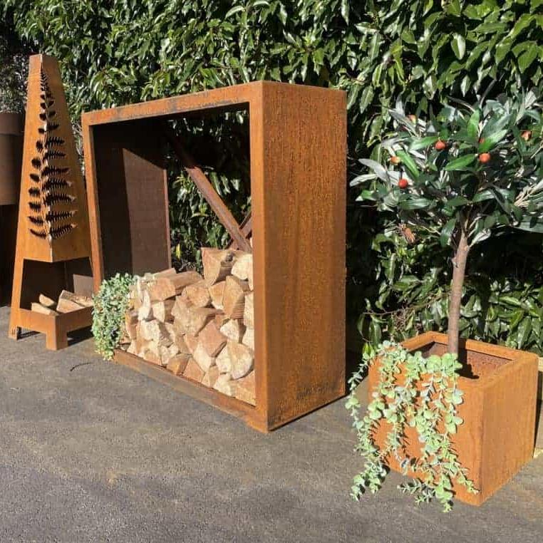 Premium Corten Steel Square Log Store in L1000 x W1000 x H400