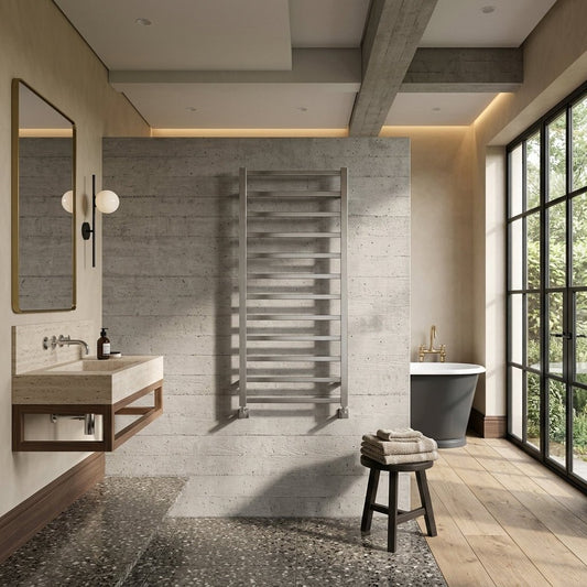 Reina Arden Square Tube Steel Radiator in Brushed Stainless Steel in 500H x 500W