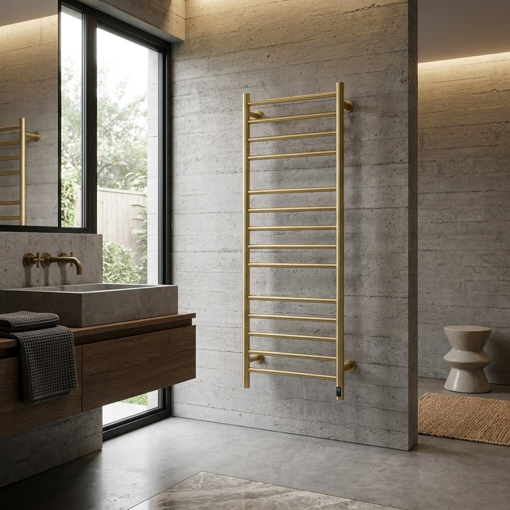 Reina Arnage Dry Electric Brushed Brass Towel Rail in 1200H x 500W