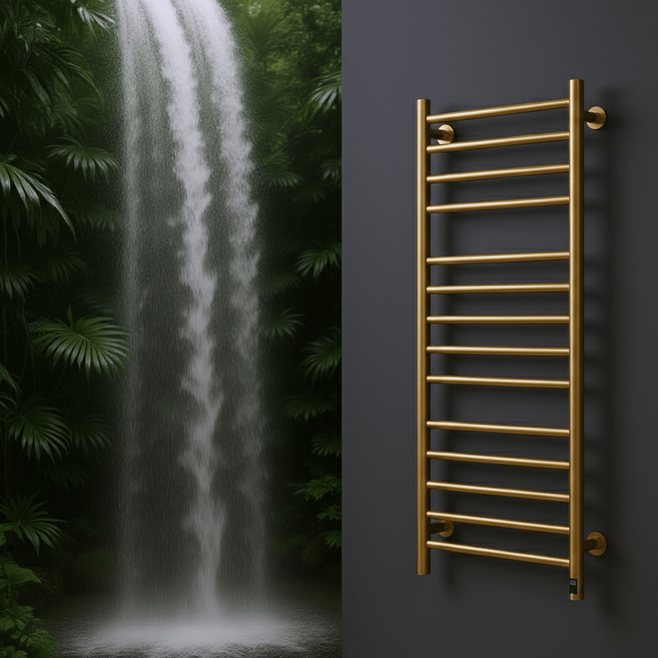 The Arnage towel radiator from a designer brand Reina in brushed brass, size 1200H x 500W