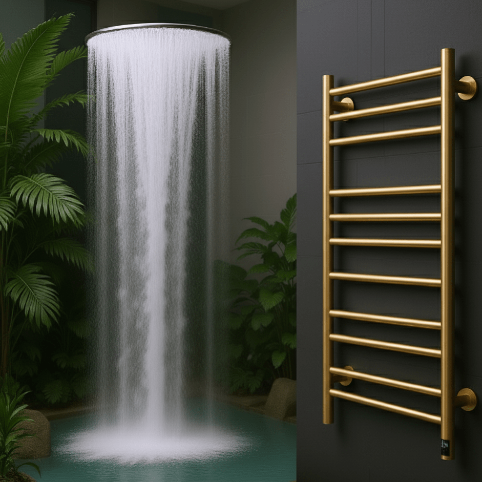 The Arnage towel radiator from a designer brand Reina in brushed brass, size 800H x 500W