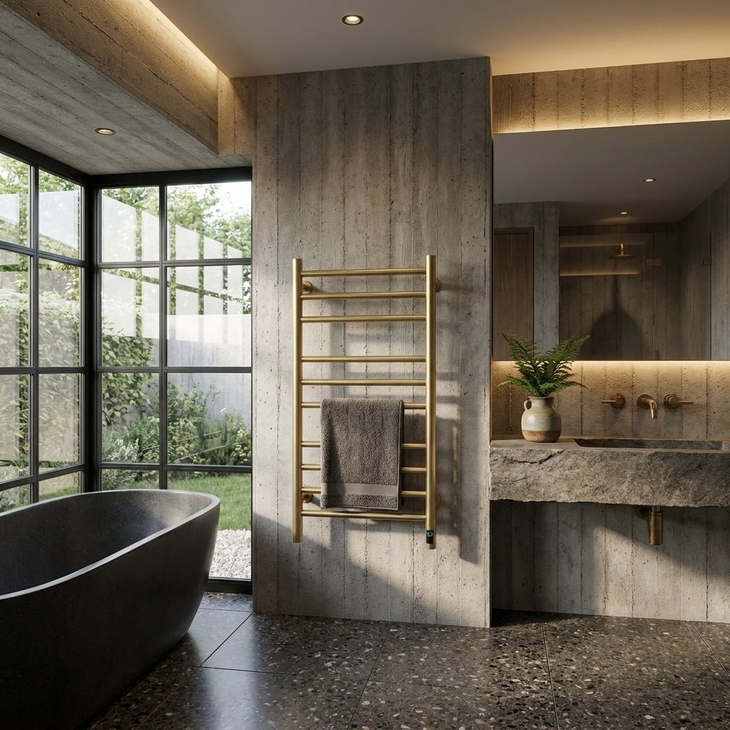 Reina Arnage Dry Electric Brushed Brass Towel Rail in 800H x 500W