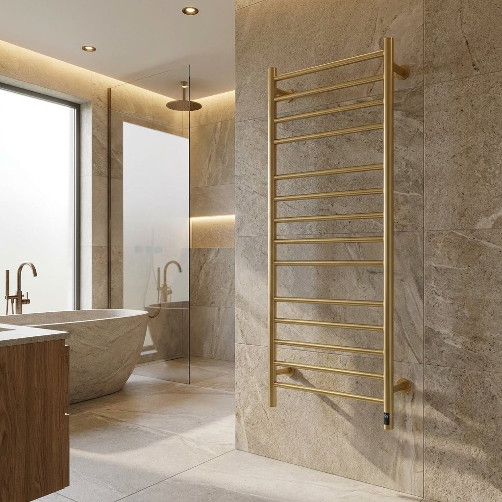 Reina Arnage Dry Electric Brushed Brass Towel Rail in 800H x 500W