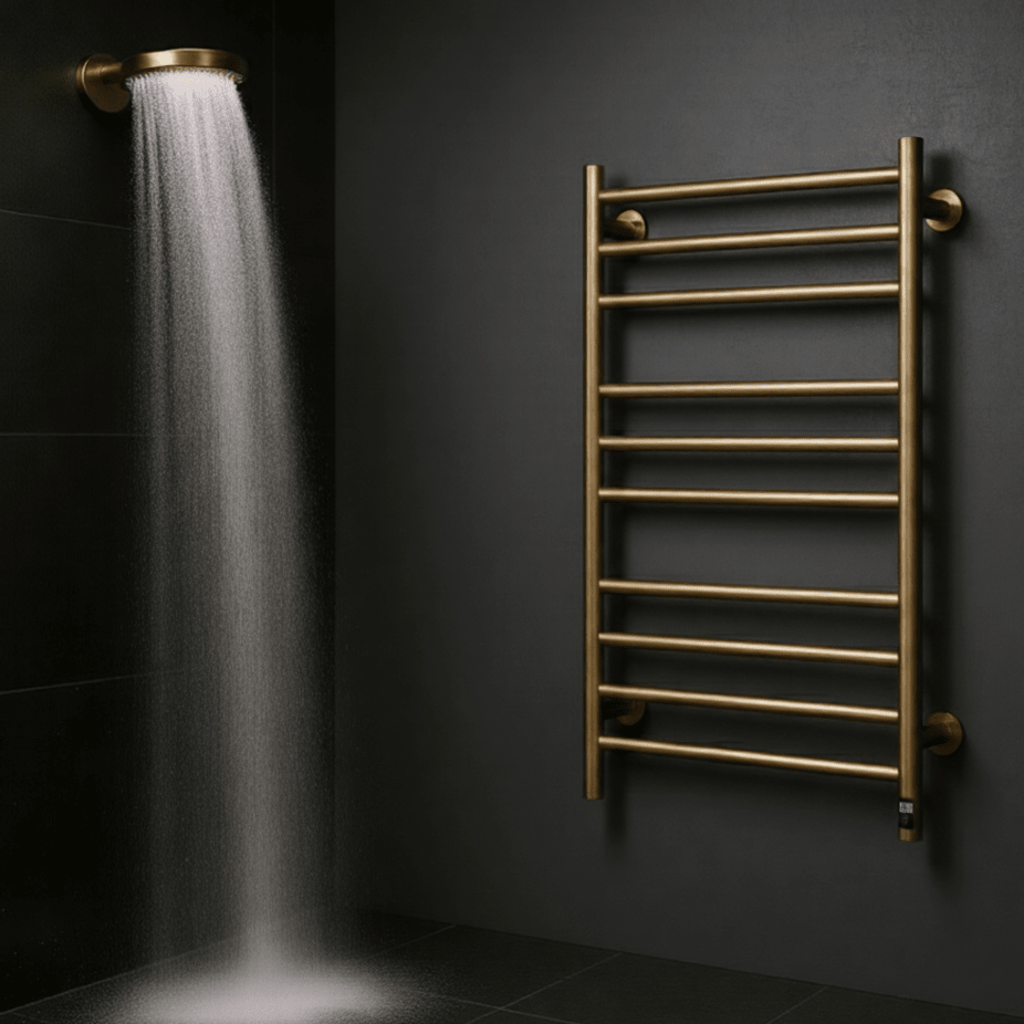 The Arnage towel radiator from a designer brand Reina in brushed brass, size 800H x 500W