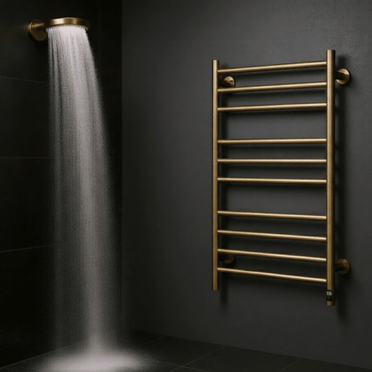 The Arnage towel radiator from a designer brand Reina in brushed brass, size 800H x 500W