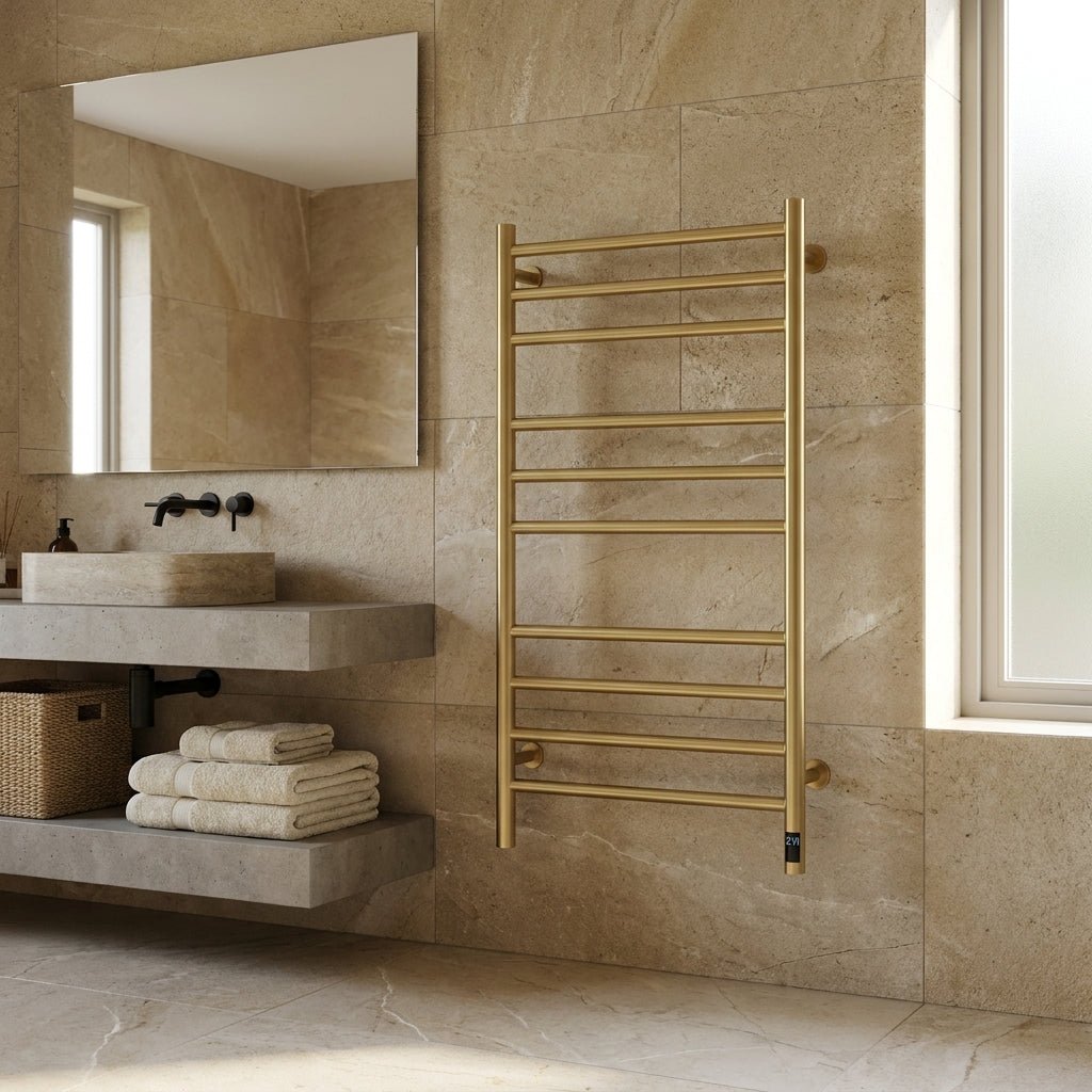 Reina Arnage Dry Electric Brushed Brass Towel Rail in 800H x 500W