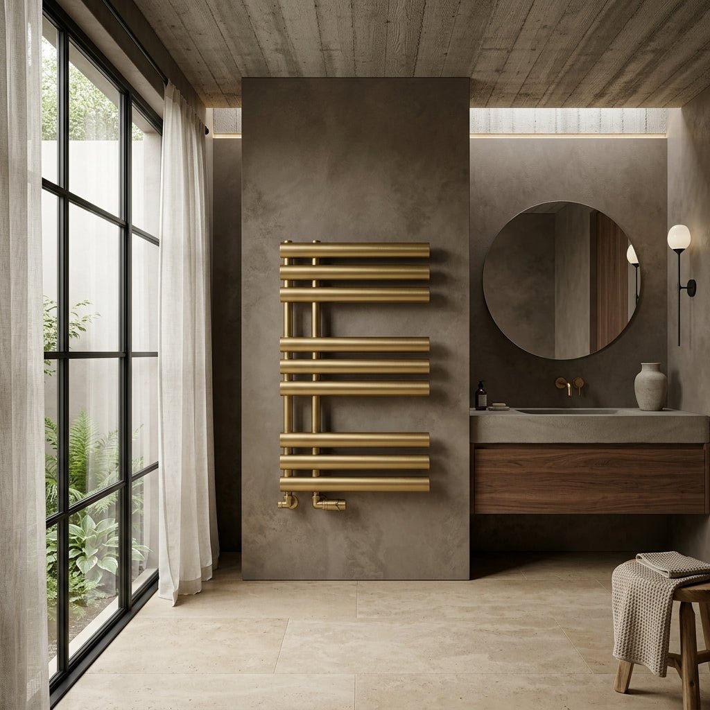 Reina Chisa Contemporary Heated Towel Rail in Brushed Brass in 820H x 500W
