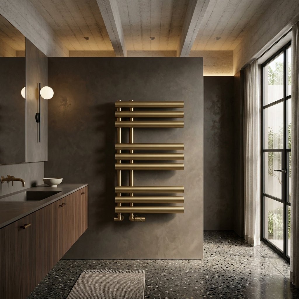 Reina Chisa Contemporary Heated Towel Rail in Brushed Brass in 820H x 500W