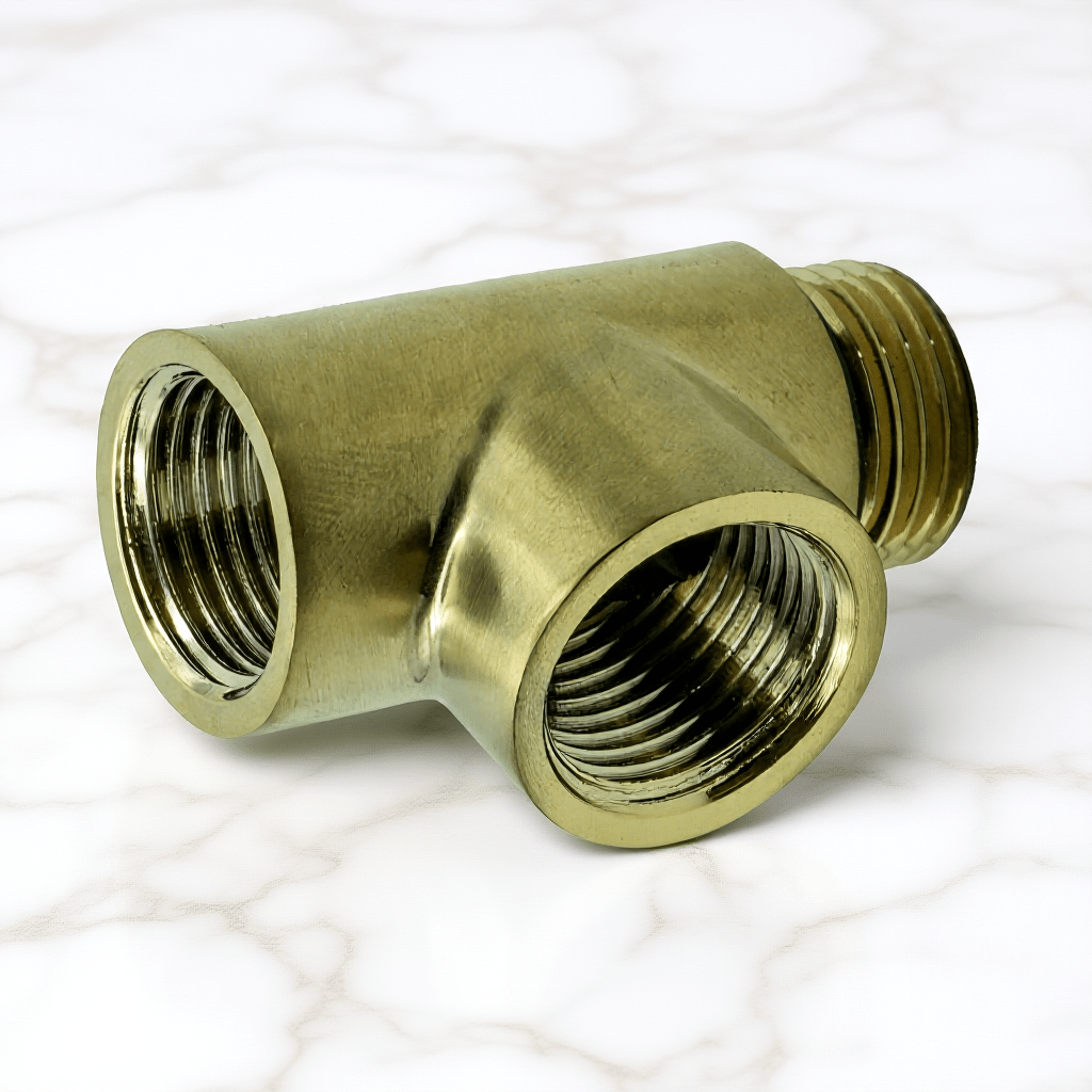 Reina Dual Fuel T - Piece Pipe Connector in Brushed Brass