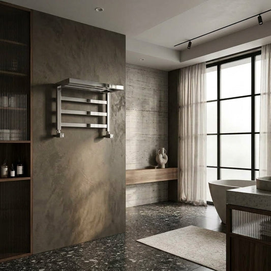 Reina Elvina Single Heated Stainless Steel Towel Shelf in Polished Steel