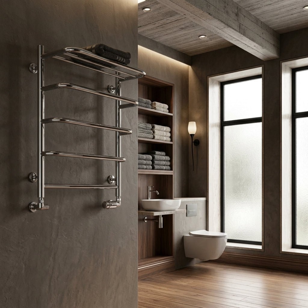 Reina Elvo Classic Heated Towel Radiator Shelf in Polished Steel