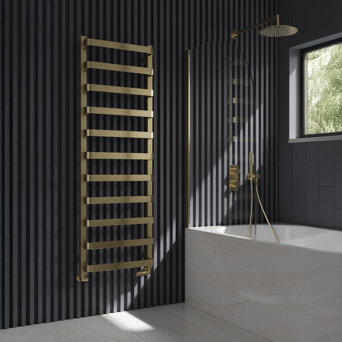 Reina Flora Brushed Brass Wall Mounted Ladder Bathroom Radiator | 1 colour, 3 sizes