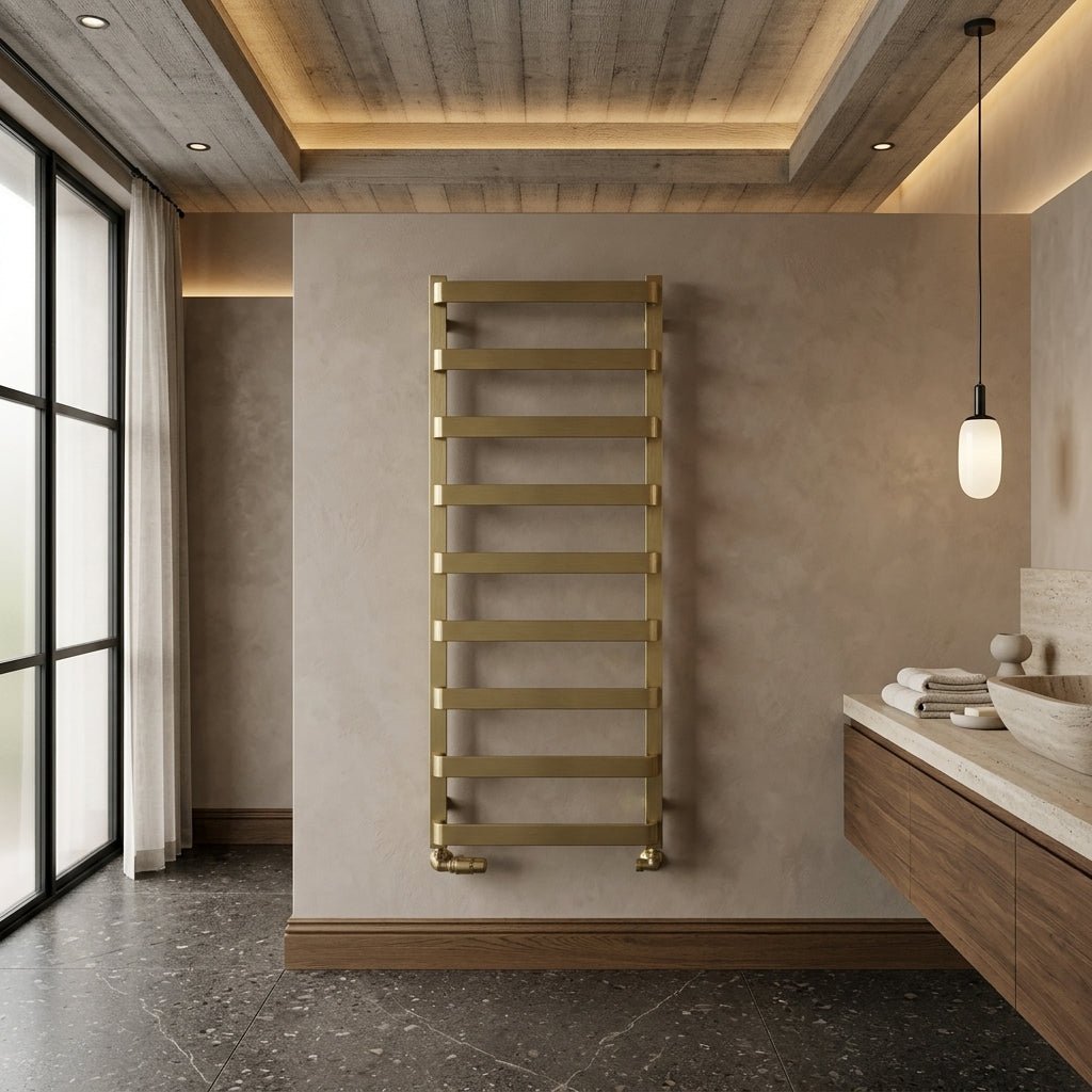 Reina Flora Brushed Brass Wall Mounted Ladder Bathroom Radiator in 1200H x 500W