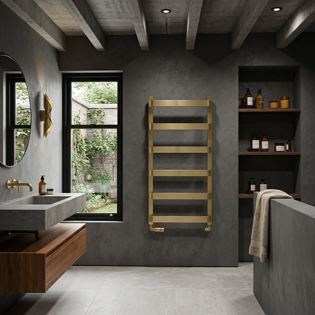Reina Flora Brushed Brass Wall Mounted Ladder Bathroom Radiator in 1200H x 500W