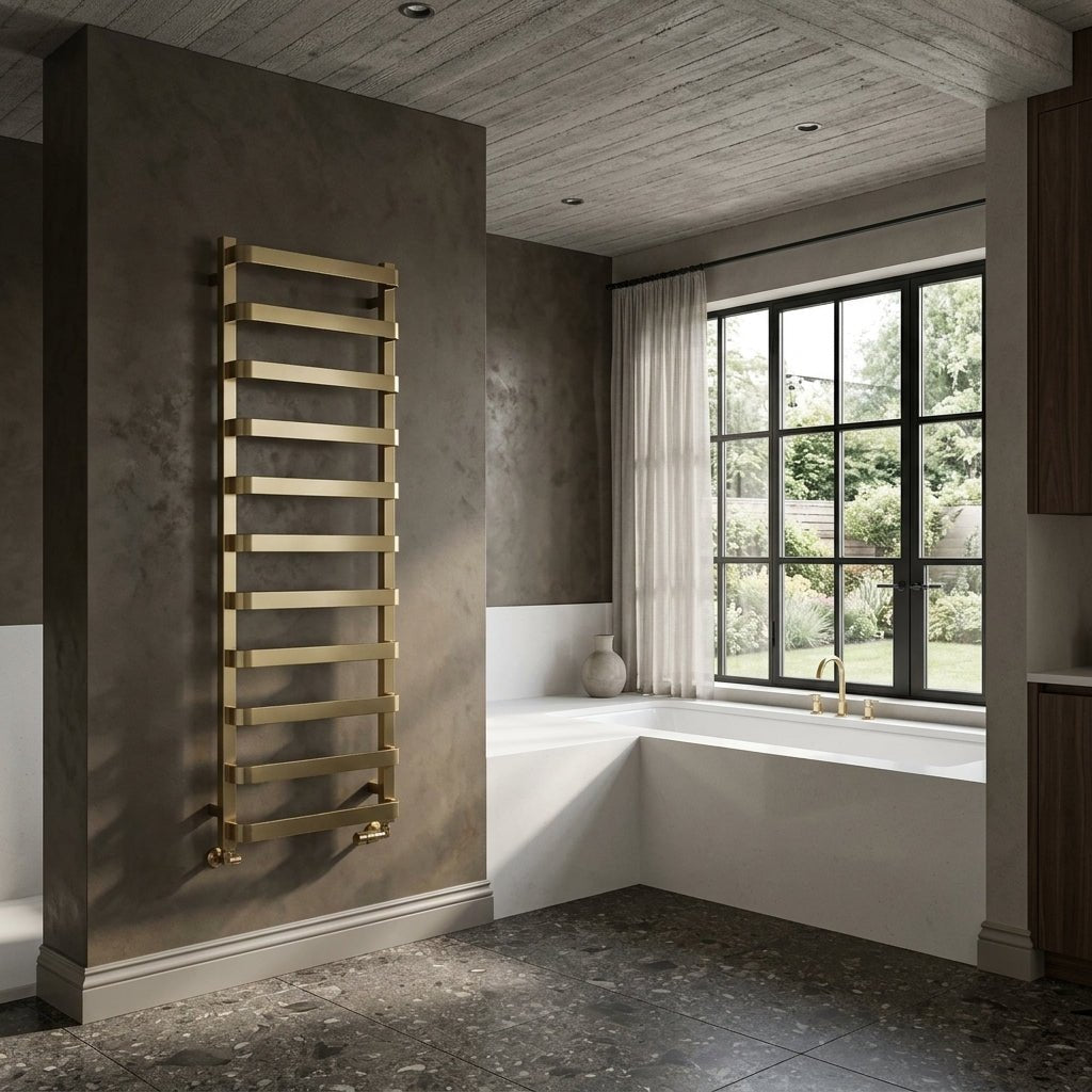 Reina Flora Brushed Brass Wall Mounted Ladder Bathroom Radiator in 1500H x 500W