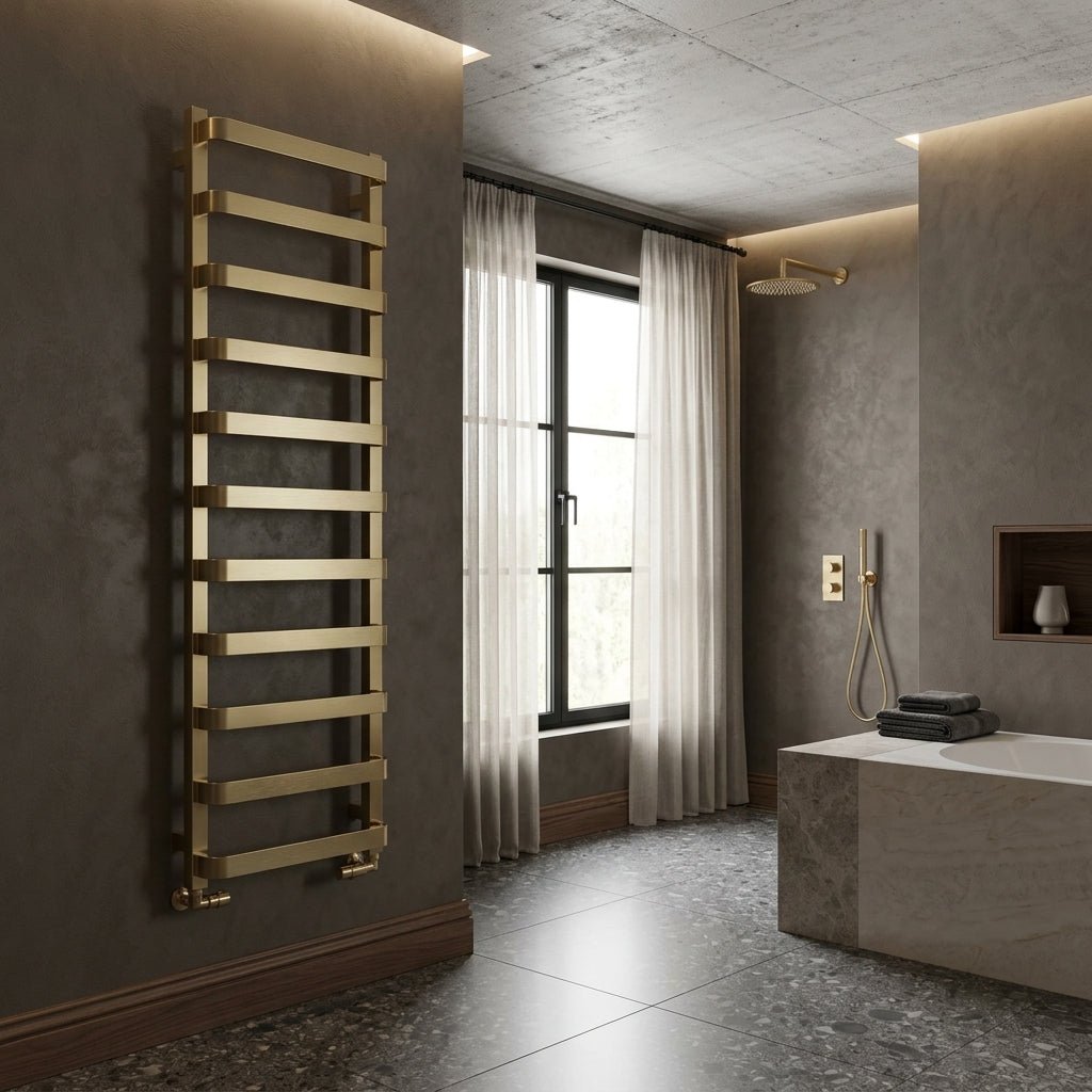 Reina Flora Brushed Brass Wall Mounted Ladder Bathroom Radiator in 1500H x 500W