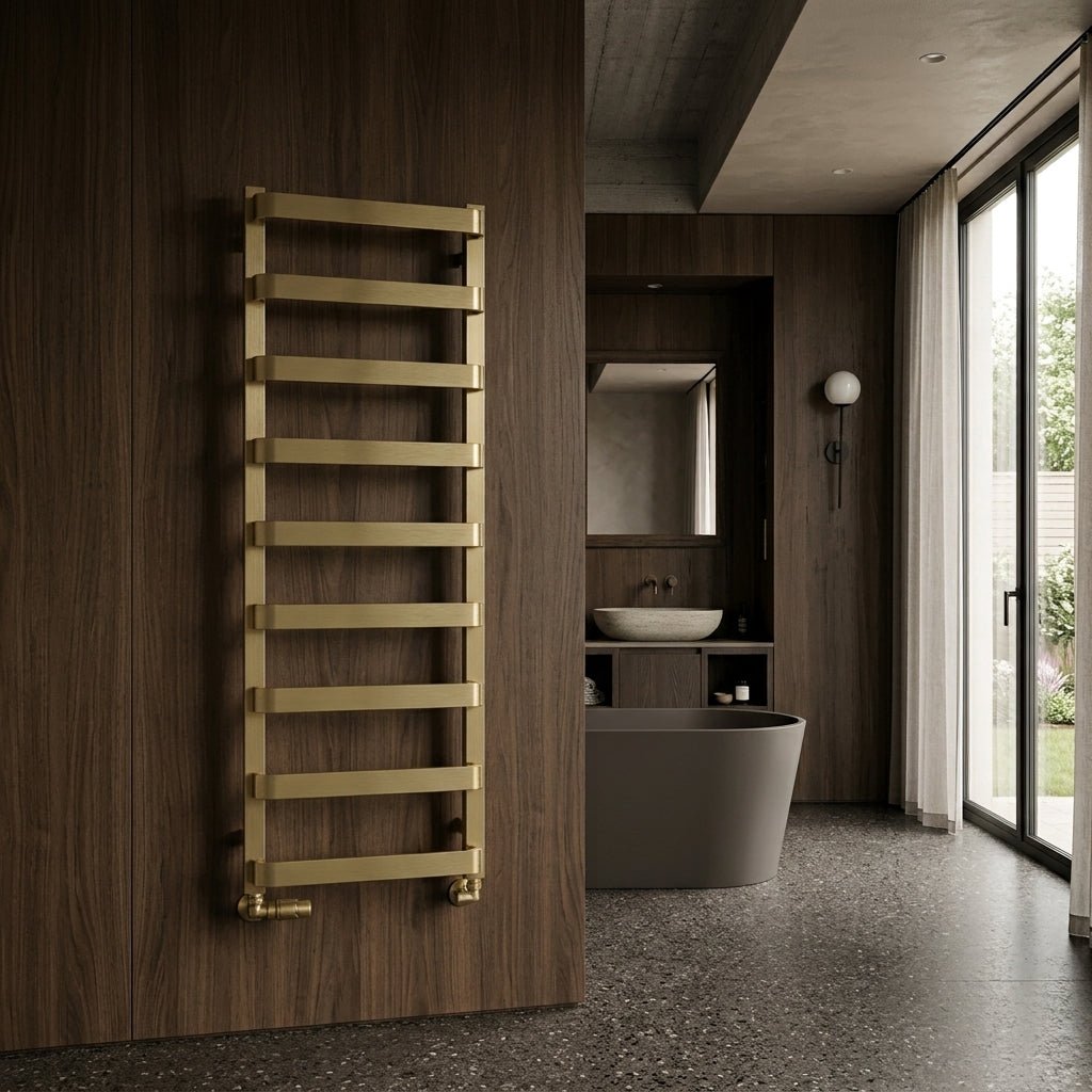 Reina Flora Brushed Brass Wall Mounted Ladder Bathroom Radiator in 800H x 500W