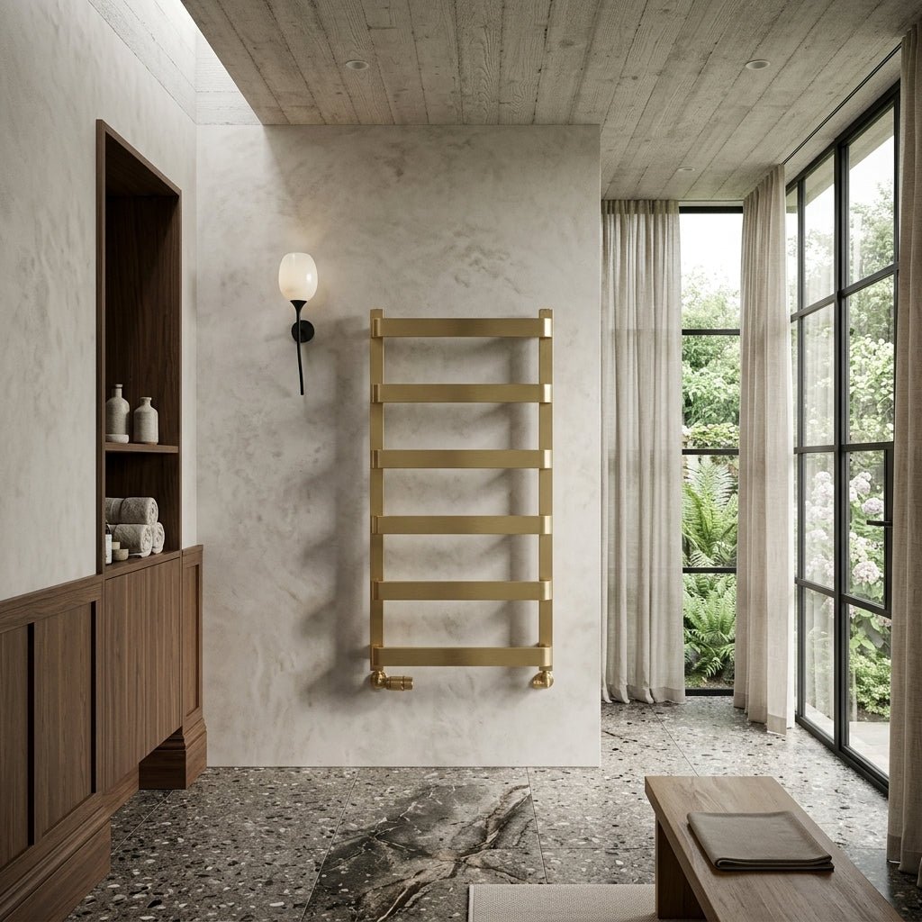 Reina Flora Brushed Brass Wall Mounted Ladder Bathroom Radiator in 800H x 500W