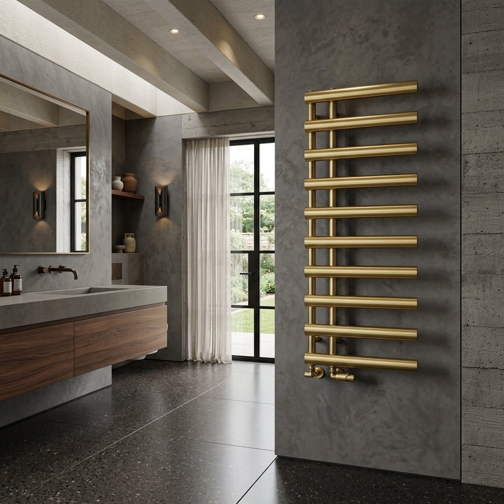 Reina Grace Brushed Brass Modern Bathroom Towel Radiator in 1140H x 500W