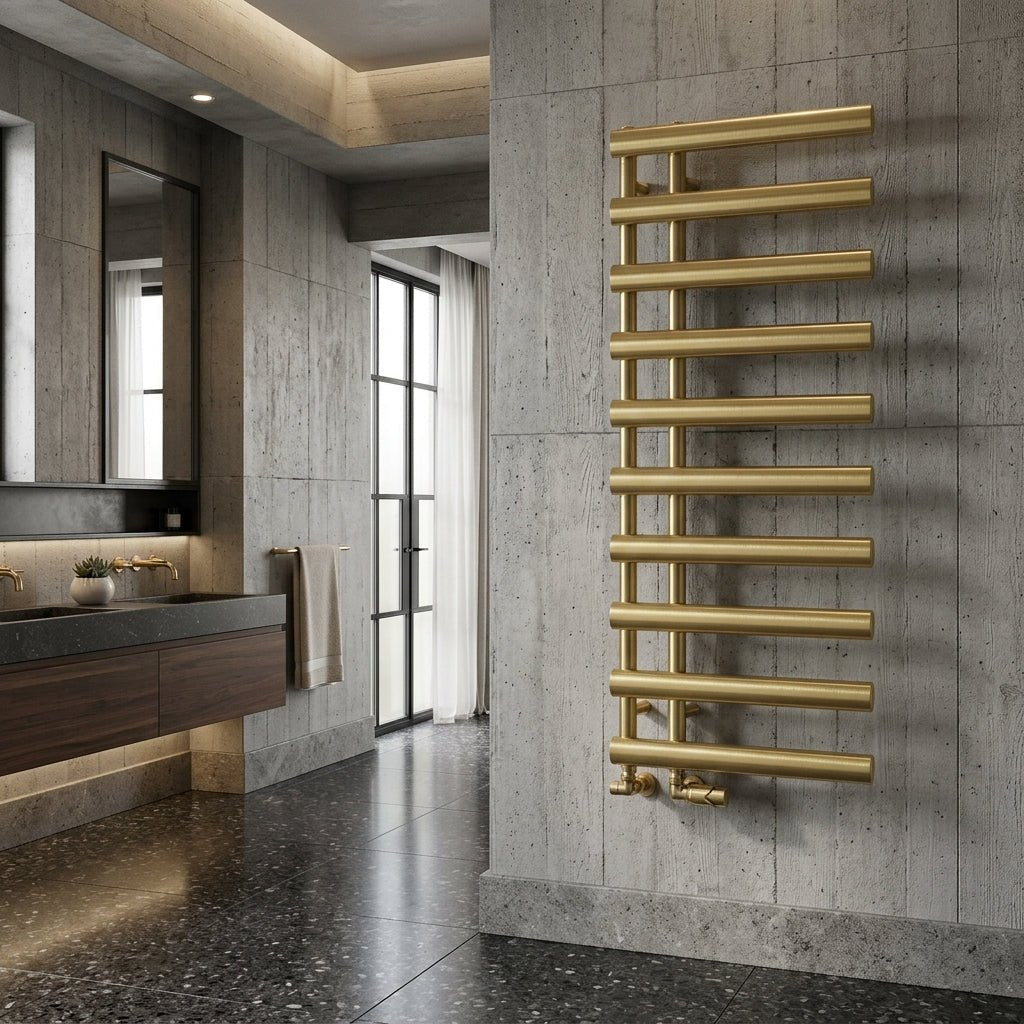 Reina Grace Brushed Brass Modern Bathroom Towel Radiator in 1140H x 500W