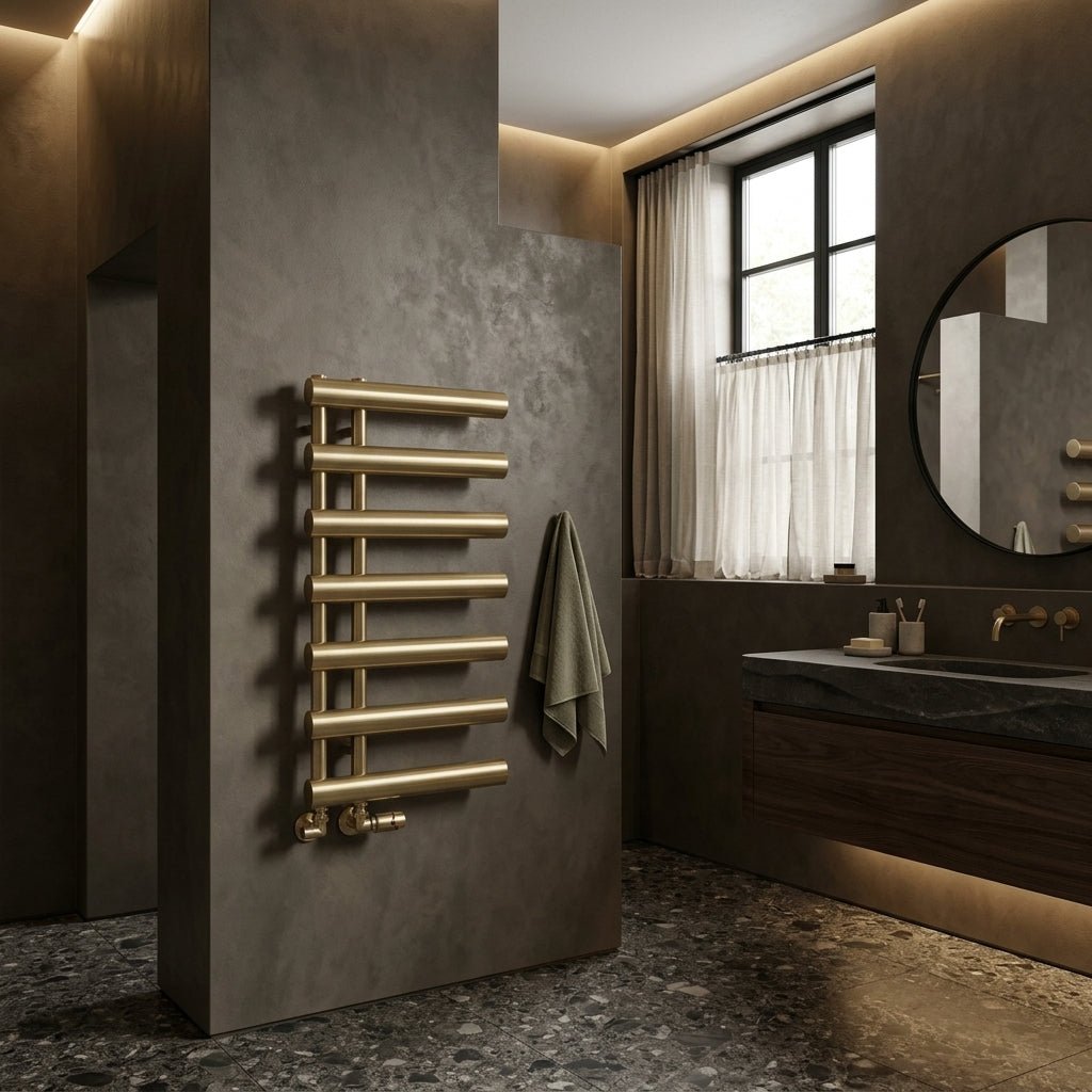 Reina Grace Brushed Brass Modern Bathroom Towel Radiator in 1140H x 500W