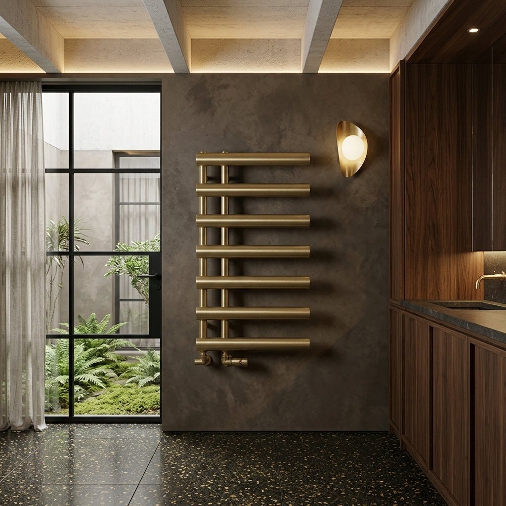 Reina Grace Brushed Brass Modern Bathroom Towel Radiator in 780H x 500W
