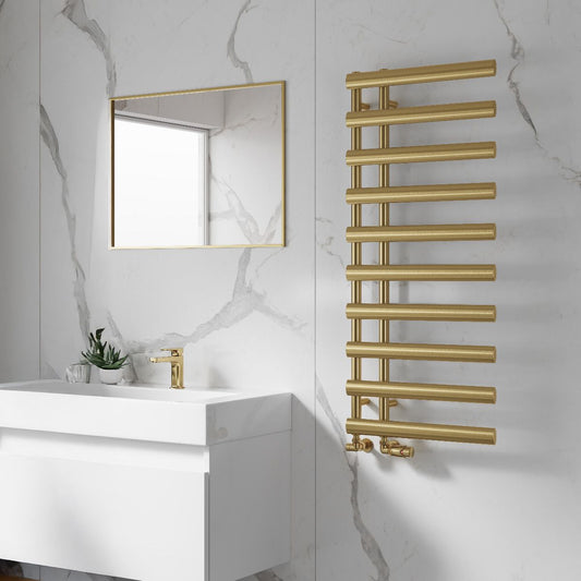 Reina Grace Brushed Brass Modern Bathroom Towel Radiator in 780H x 500W