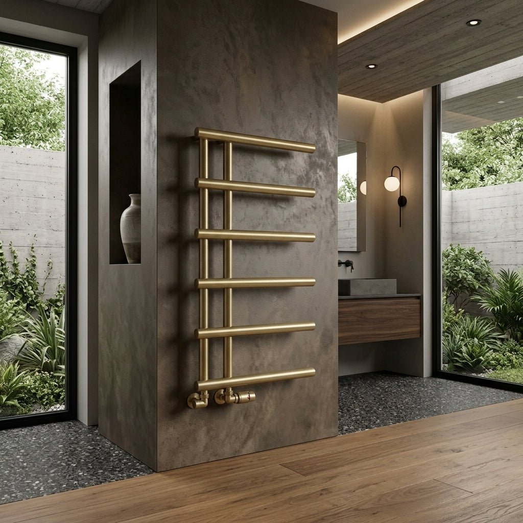 Reina Matera Brushed Brass Cylinder Bar Heated Towel Rail in 1412H x 500W