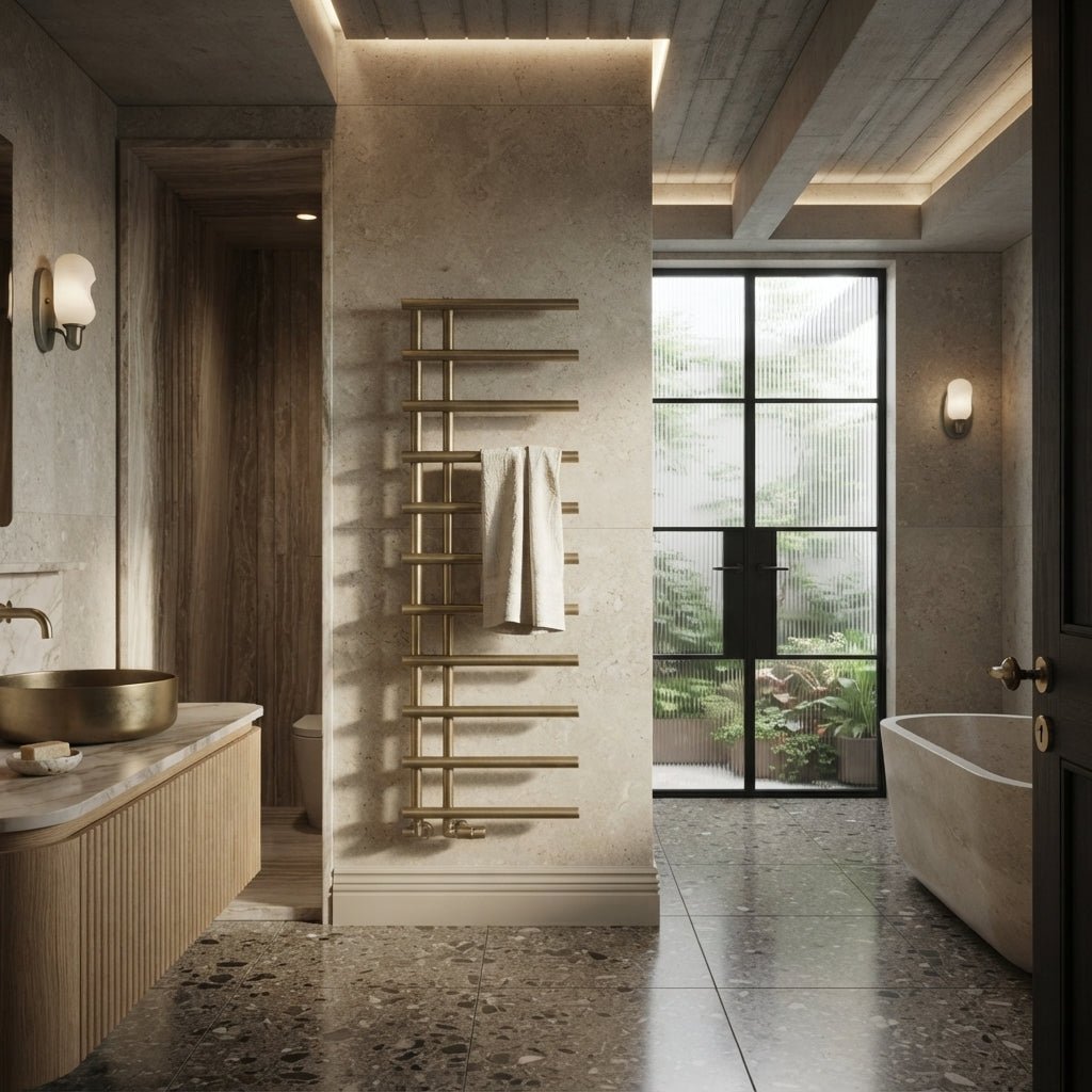 Reina Matera Brushed Brass Cylinder Bar Heated Towel Rail in 1412H x 500W