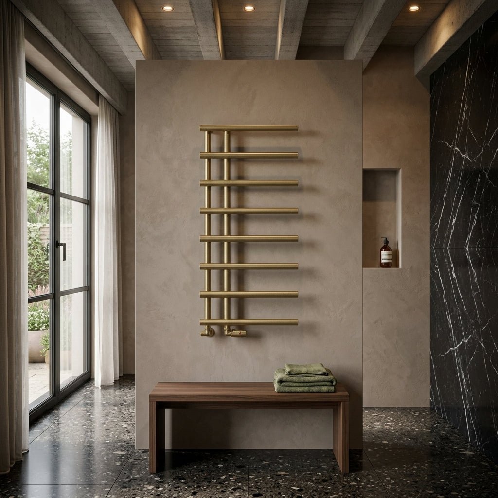 Reina Matera Brushed Brass Cylinder Bar Heated Towel Rail in 1412H x 500W