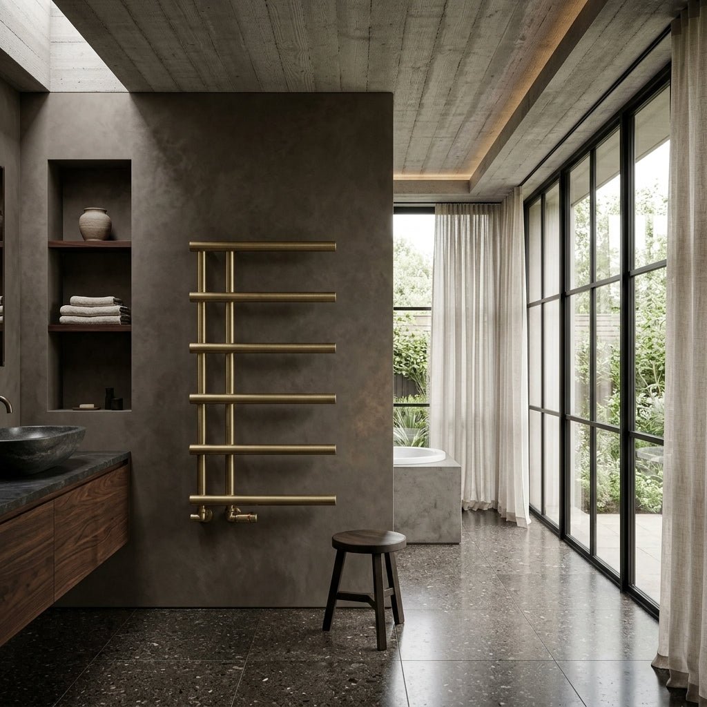 Reina Matera Brushed Brass Cylinder Bar Heated Towel Rail in 722H x 500W