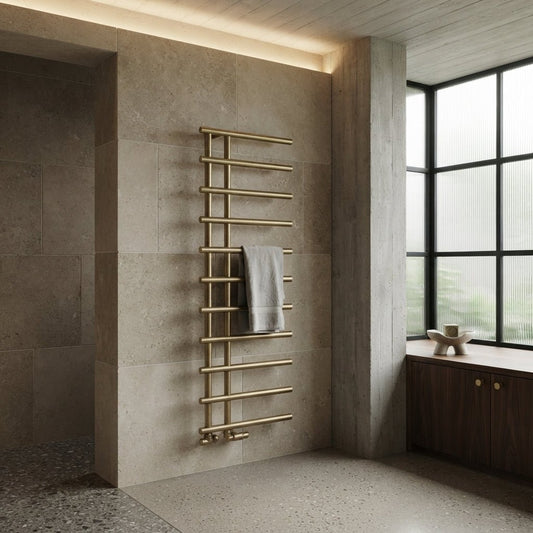 Reina Matera Brushed Brass Cylinder Bar Heated Towel Rail in 722H x 500W