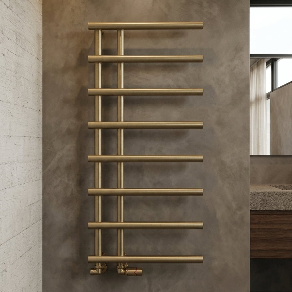 Reina Matera Brushed Brass Cylinder Bar Heated Towel Rail in 998H x 500W