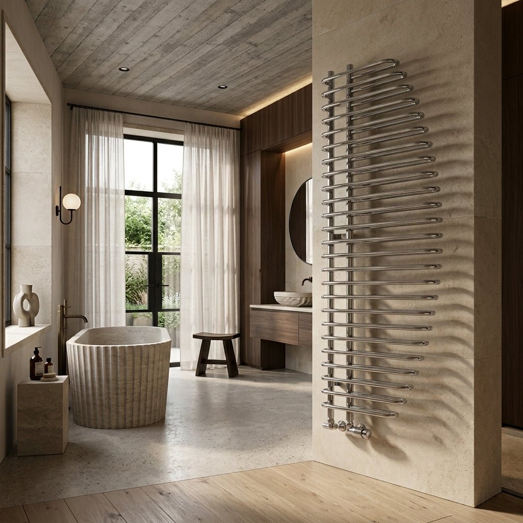 Reina Nola Chrome Curve Steel Bathroom Radiator in Chrome
