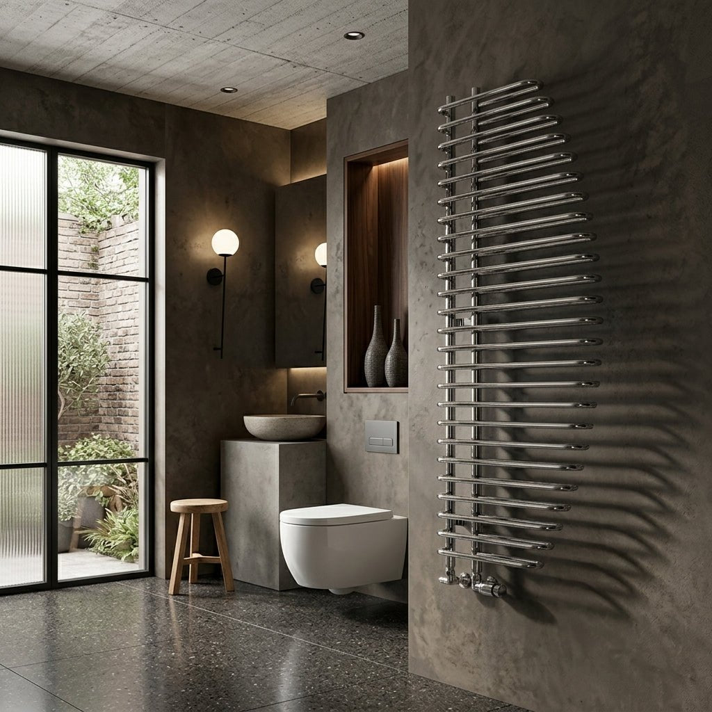 Reina Nola Chrome Curve Steel Bathroom Radiator in Chrome