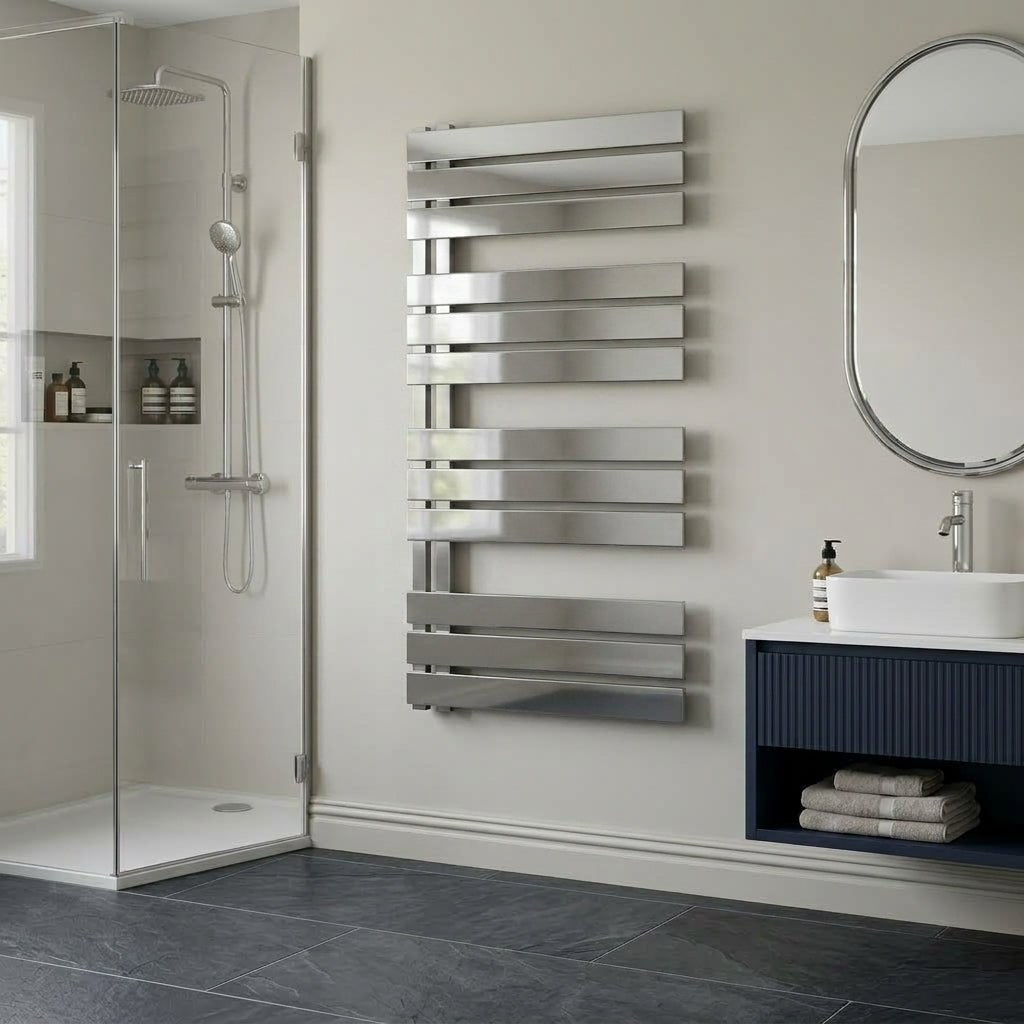 Reina Ricadi Tiered Polished Stainless Steel Bathroom Radiator in 1140H x 500W