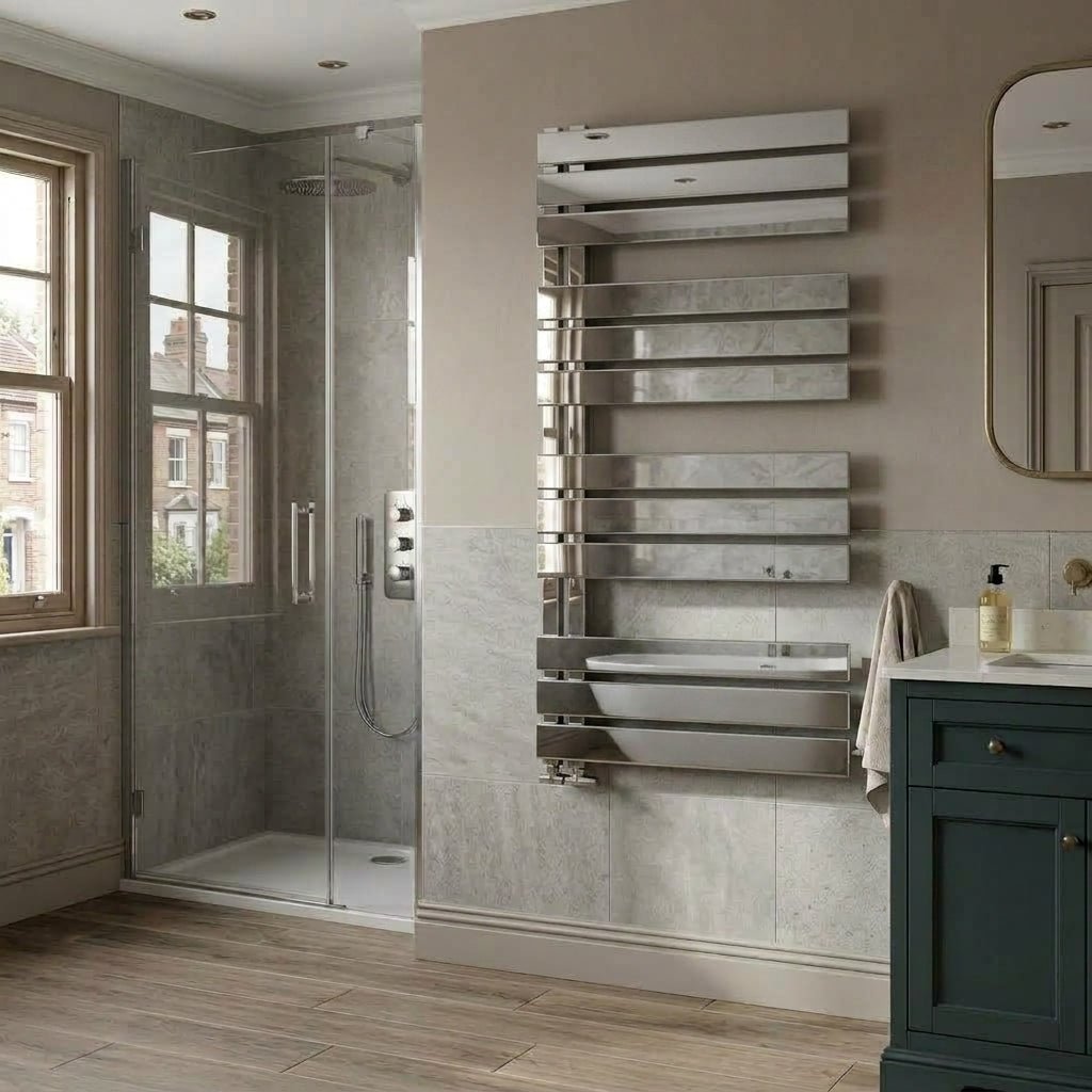 Reina Ricadi Tiered Polished Stainless Steel Bathroom Radiator in 1440H x 500W