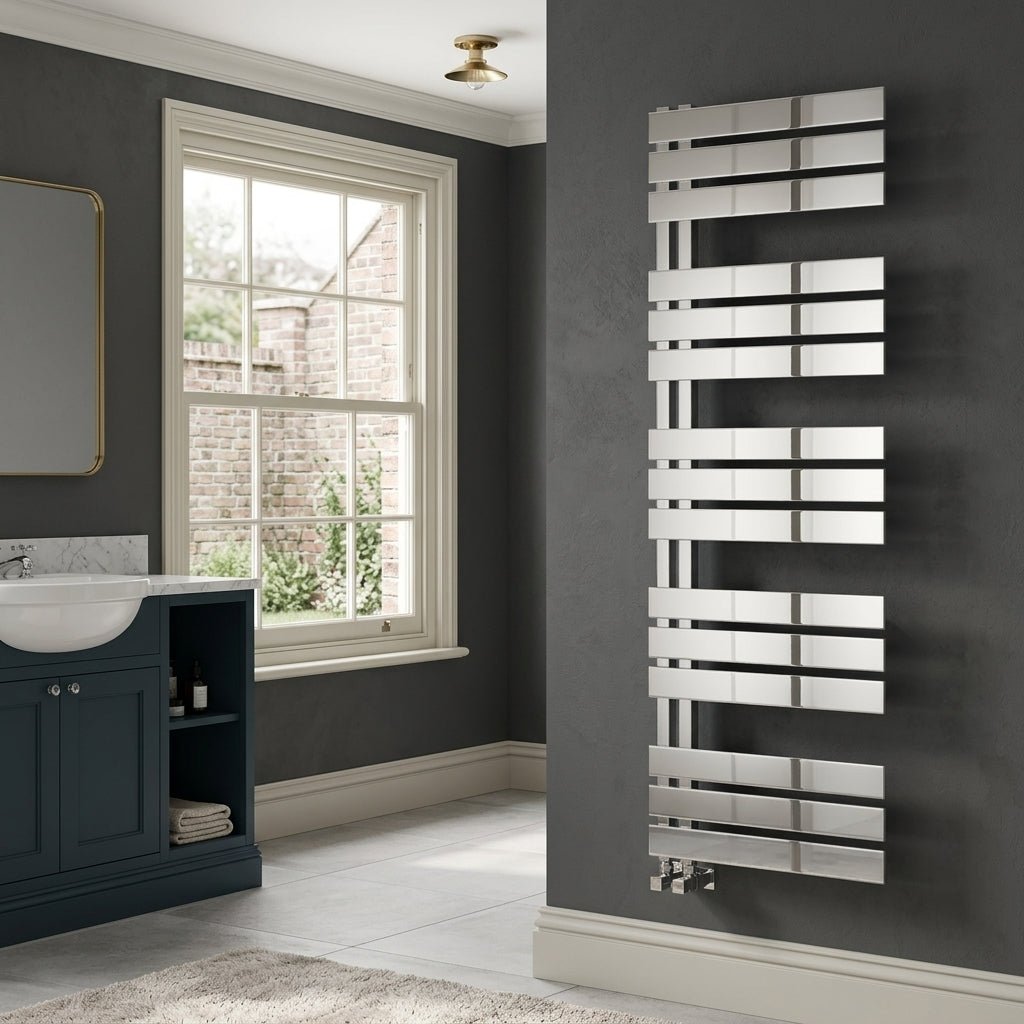 Reina Ricadi Tiered Polished Stainless Steel Bathroom Radiator in 840H x 500W