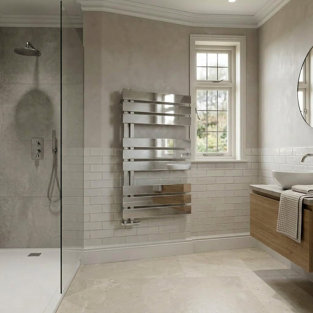 Reina Ricadi Tiered Polished Stainless Steel Bathroom Radiator in 840H x 500W