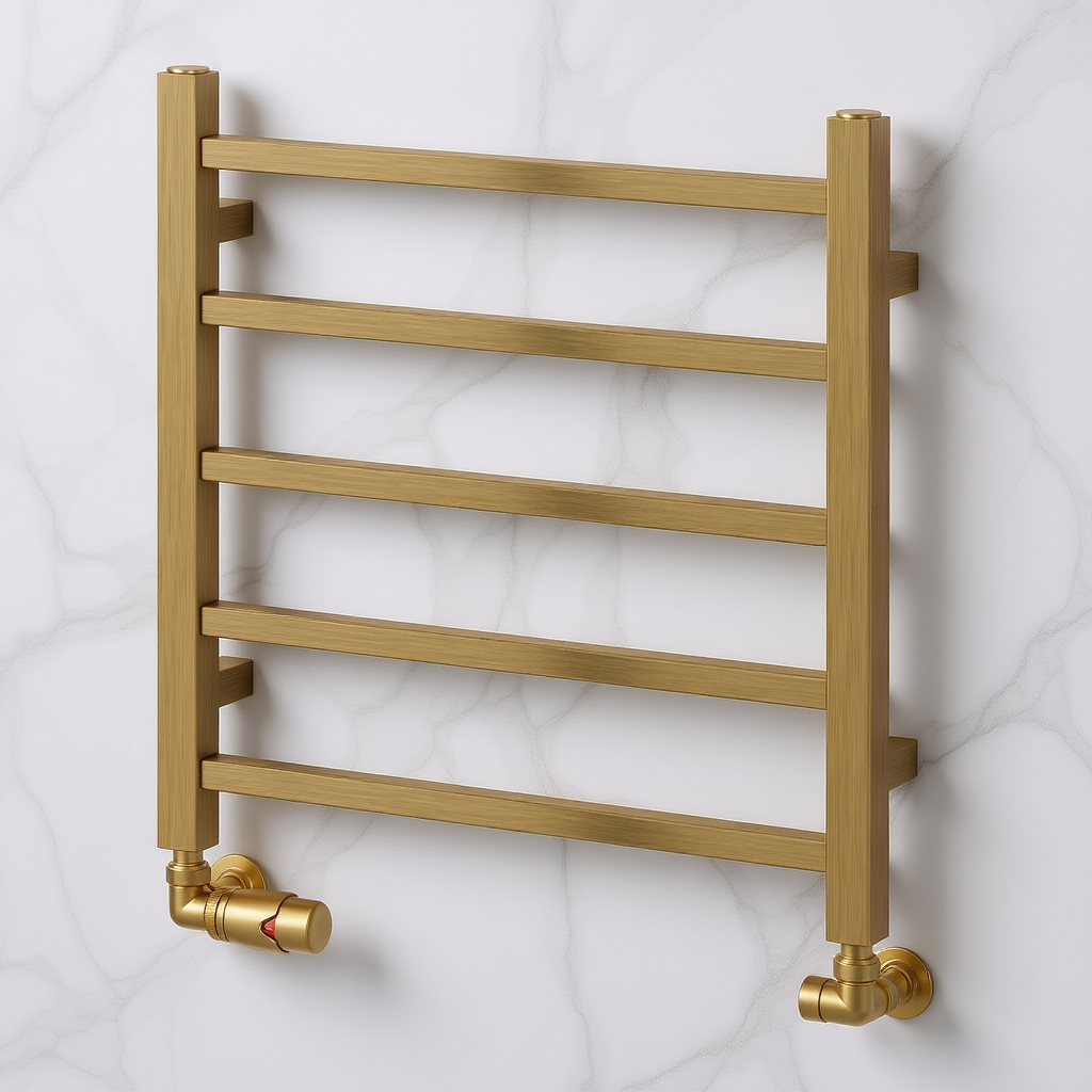 Reina Serena Brushed Brass Square Tube Heated Steel Bathroom Towel Rail | 1 colour, 3 sizes