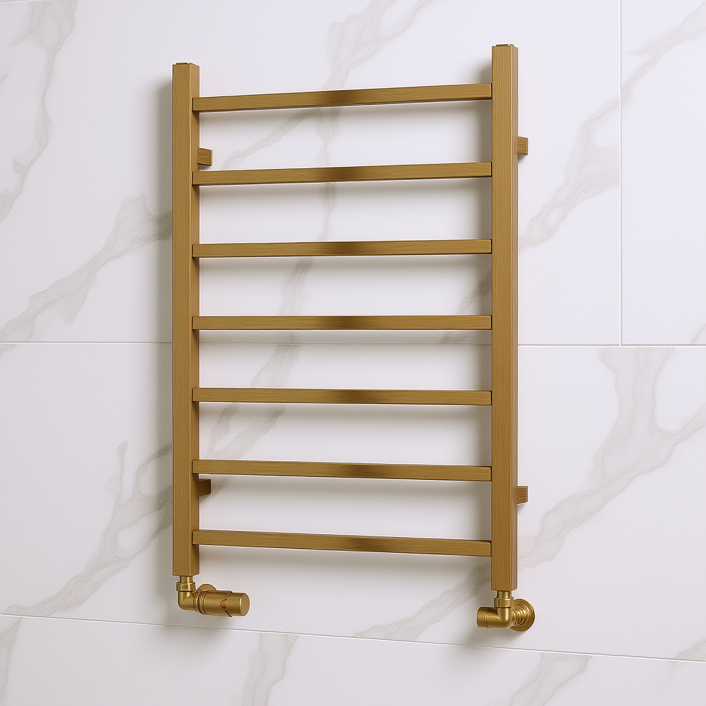 Reina Serena Brushed Brass Square Tube Heated Steel Bathroom Towel Rail | 1 colour, 3 sizes