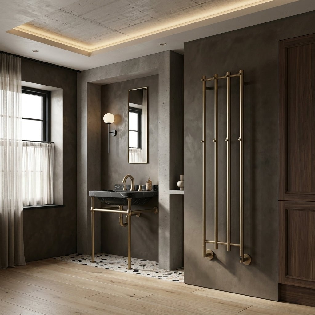 Reina Solara Brushed Brass Vertical Bar Steel Dry Electric Bathroom Radiator in Brushed Brass