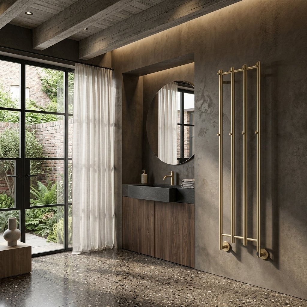 Reina Solara Brushed Brass Vertical Bar Steel Dry Electric Bathroom Radiator in Brushed Brass