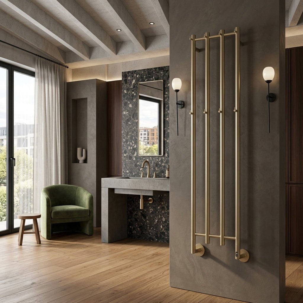 Reina Solara Brushed Brass Vertical Bar Steel Dry Electric Bathroom Radiator in Brushed Brass