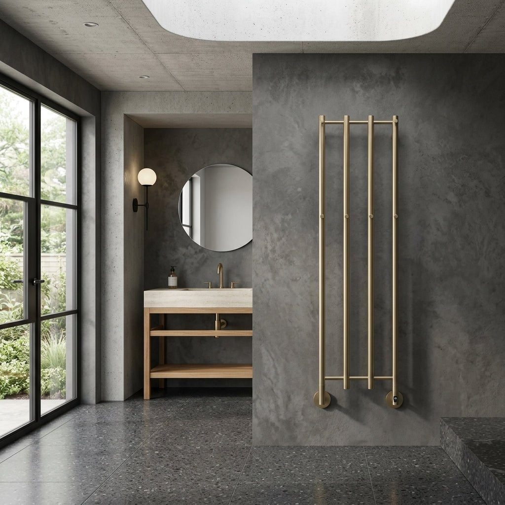 Reina Solara Brushed Brass Vertical Bar Steel Dry Electric Bathroom Radiator in Brushed Brass