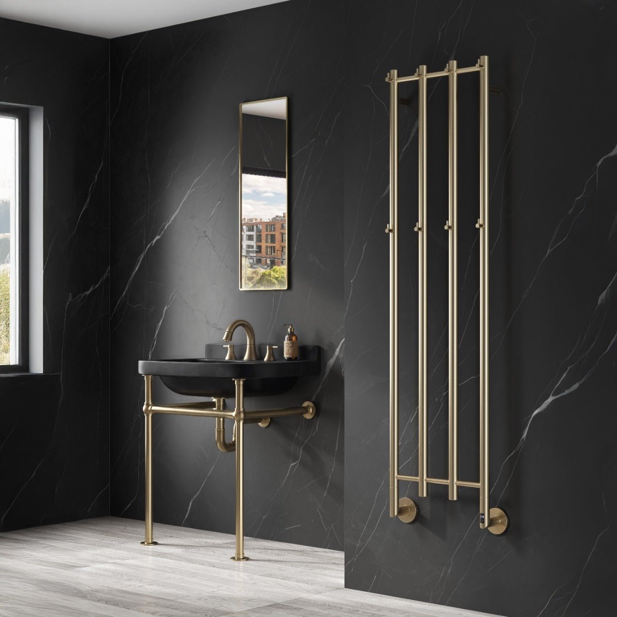 Reina Solara Brushed Brass Vertical Bar Steel Dry Electric Bathroom Radiator in Brushed Brass