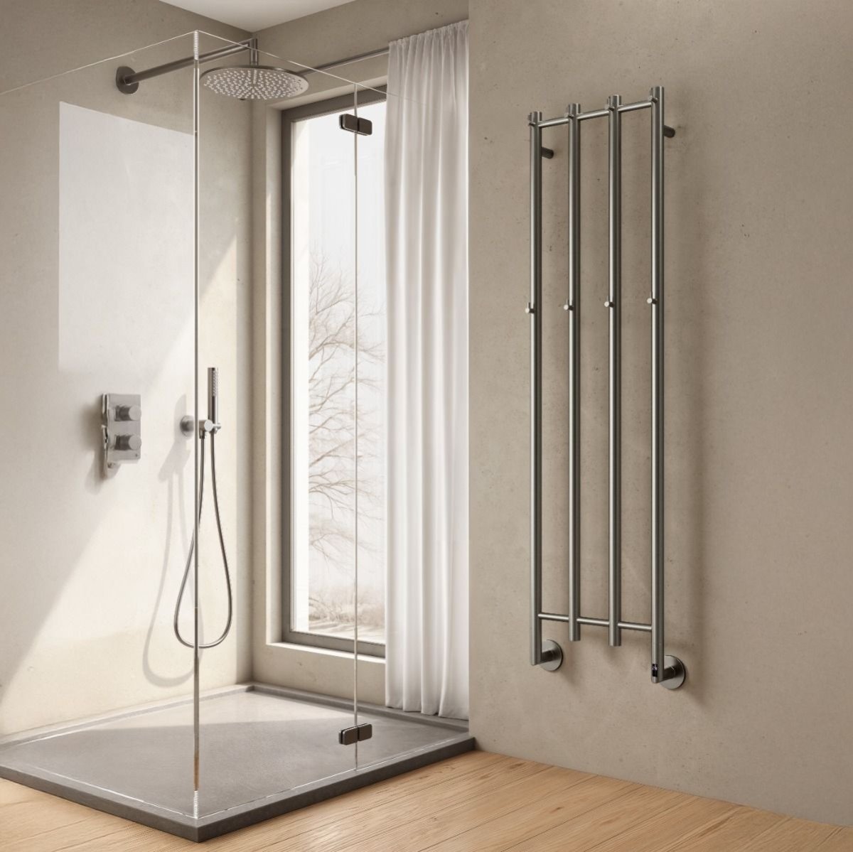 Reina Solara Electric Vertical Bar Steel Bathroom Radiator in Gun Metal