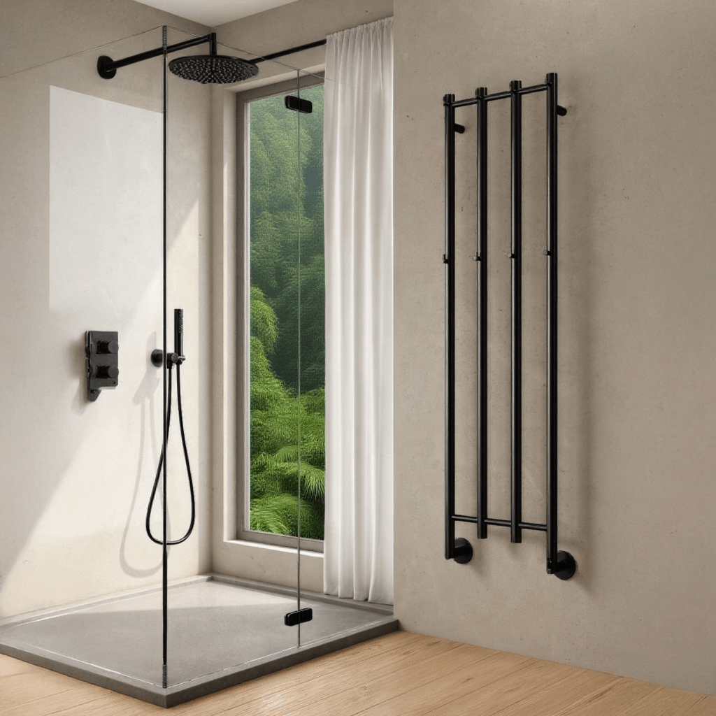 Reina Solara Electric Vertical Bar Steel Bathroom Radiator in Matt Black