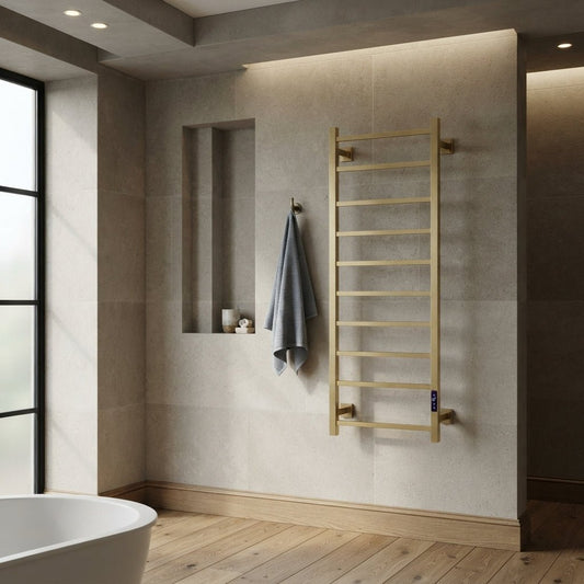 Reina Velino Brushed Brass Steel Dry Electric Bathroom Radiator in 1200H x 500W